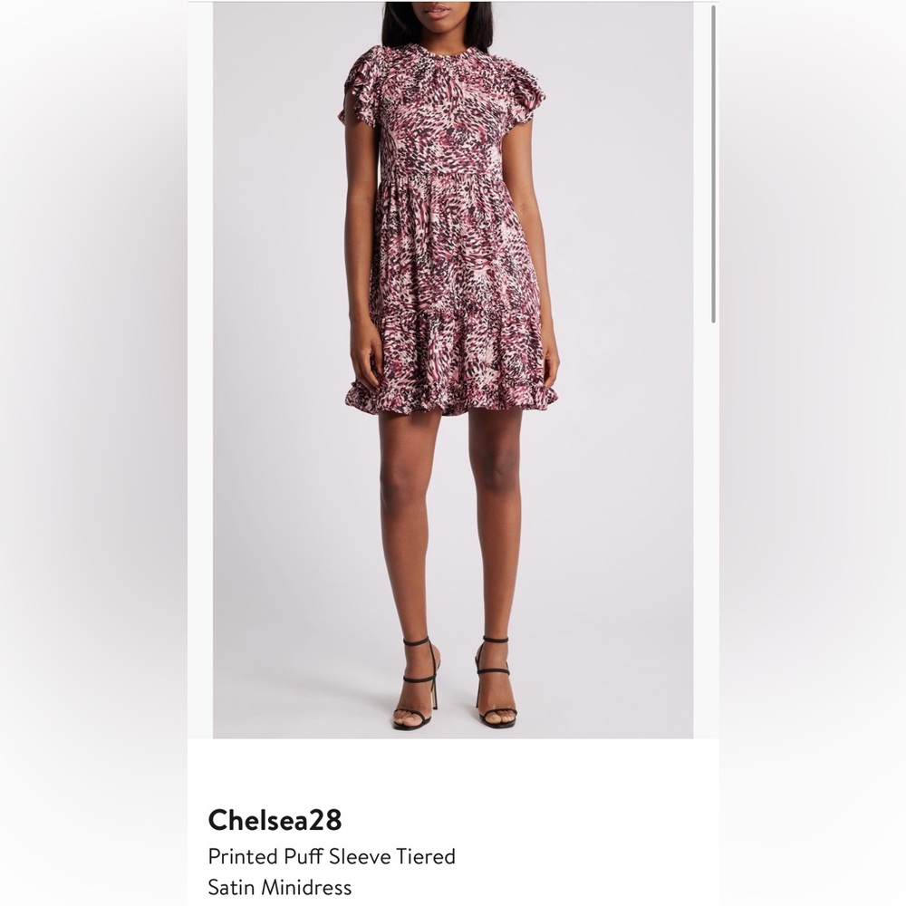 Chelsea28 Pink Animal Printed Puff Sleeve Tiered Satin Minidress Ladies XL - Picture 5 of 8